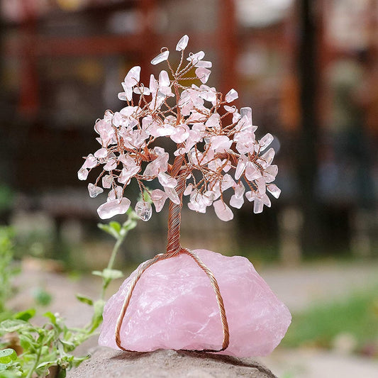 Rose Quartz Healing Crystals Copper Money Tree Desk Office Decor Wrapped On Natural Rose Quartz Base Feng Shui Luck Figurine